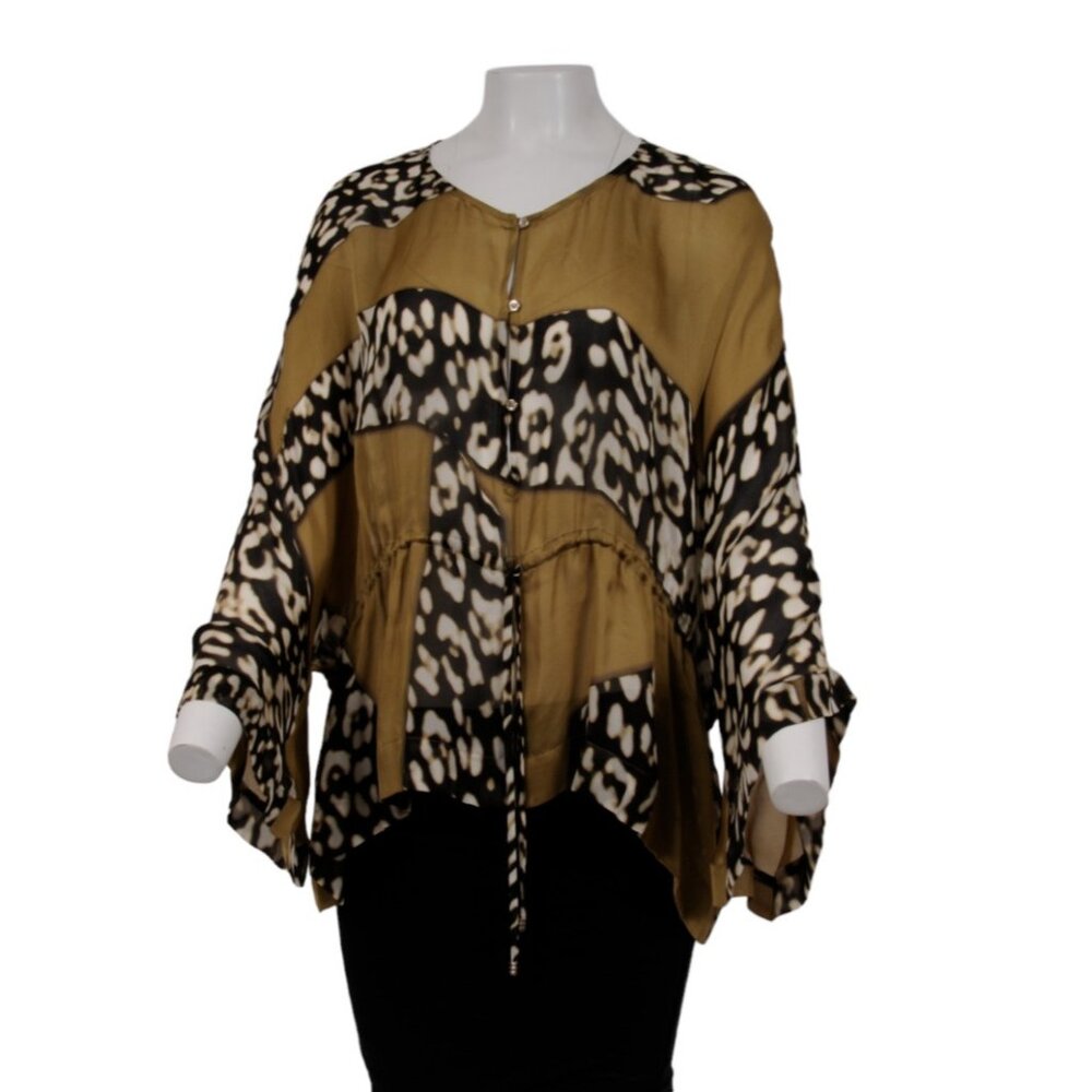 Roberto Cavalli Womens Blouse US XL IT 44 Green Animal Print Silk 3/4 Sleeve Top